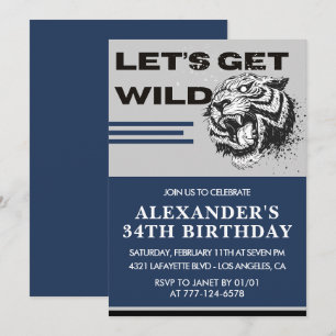 34th birthday invitations Men Tiger Let's Get Wild