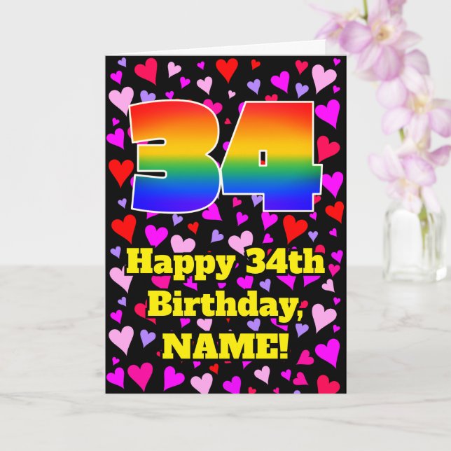 34th Birthday: Loving Hearts Pattern, Rainbow # 34 Card (Orchid)