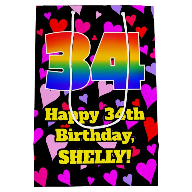 34th Birthday: Loving Hearts Pattern, Rainbow # 34 Medium Gift Bag (Back)