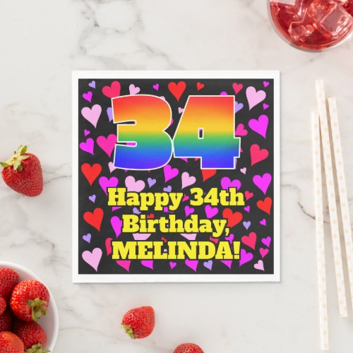 34th Birthday Loving Hearts Pattern Rainbow  34 Napkins