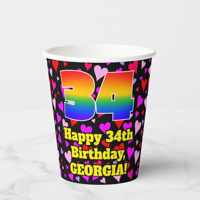 34th Birthday: Loving Hearts Pattern, Rainbow 34 Paper Cups (Front)