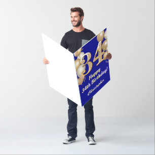 34th Birthday Navy Blue Gold Balloons Extra Large Card
