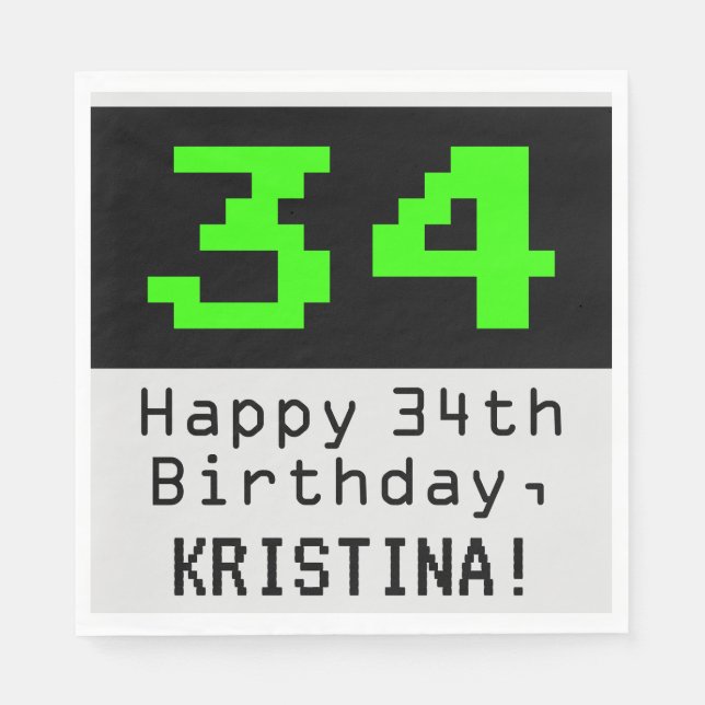 34th Birthday - Nerdy / Geeky Style "34" & Name Napkins (Front)