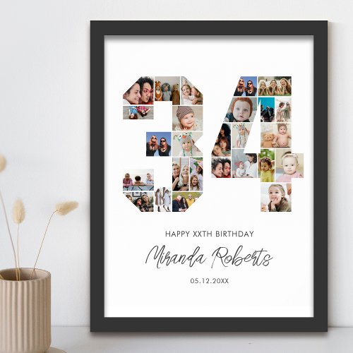 34th Birthday Number 34 Custom Photo Collage Poster