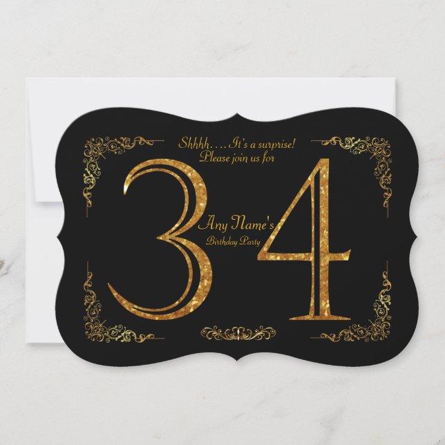 34th,Birthday party 34th,great Gatsby,black & gold Invitation (Front)