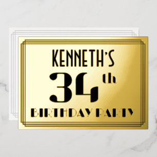 34th Birthday Party: Art Deco Look “34” and Name Foil Invitation