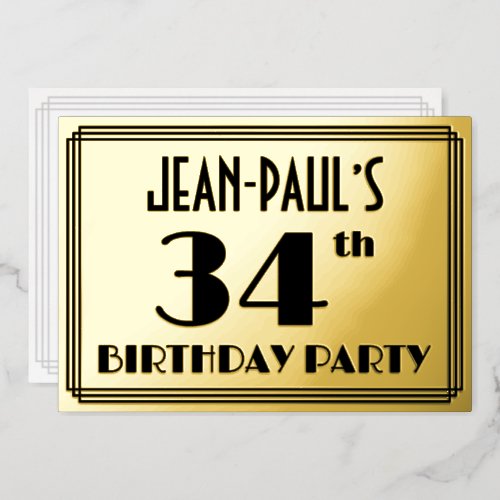 34th Birthday Party  Art Deco Look 34  Name Foil Invitation