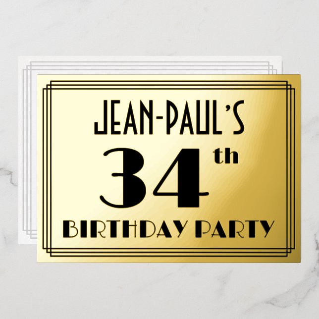 34th Birthday Party — Art Deco Look “34” + Name Foil Invitation (Front/Back)