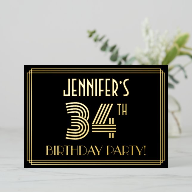 34th Birthday Party — Art Deco Style “34” + Name Foil Invitation (Standing Front)