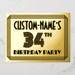 [ Thumbnail: 34th Birthday Party ~ Art Deco Style “34” + Name Postcard ]