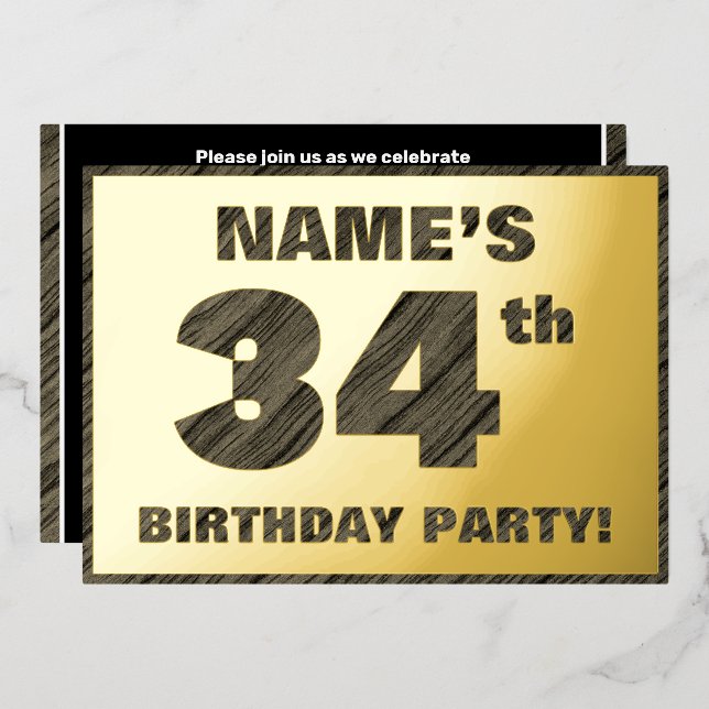 34th Birthday Party — Bold, Faux Wood Grain Text Foil Invitation (Front/Back)