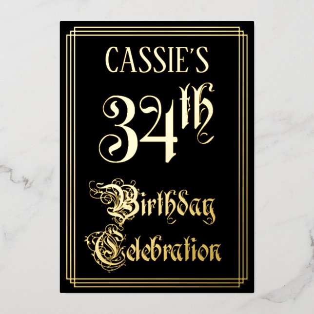 34th Birthday Party — Fancy Script & Custom Name Foil Invitation (Front)