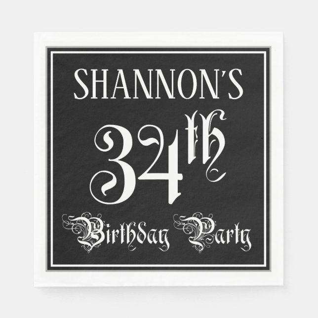 34th Birthday Party — Fancy Script + Custom Name Napkins (Front)