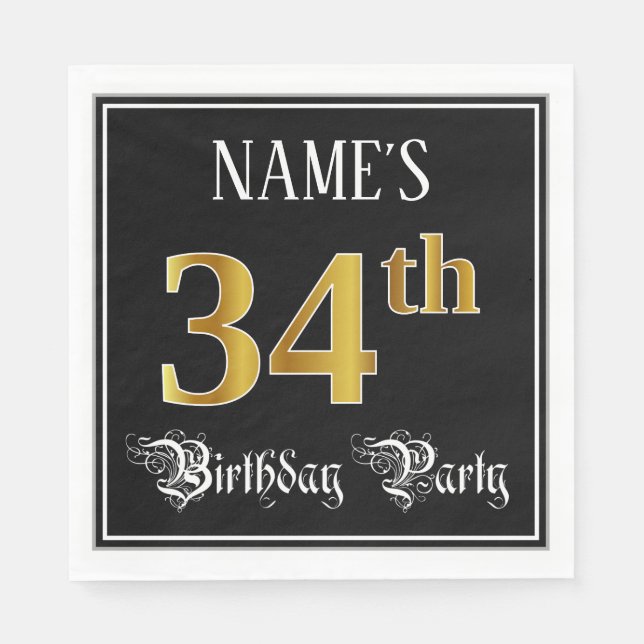 34th Birthday Party — Fancy Script, Faux Gold Look Napkins (Front)