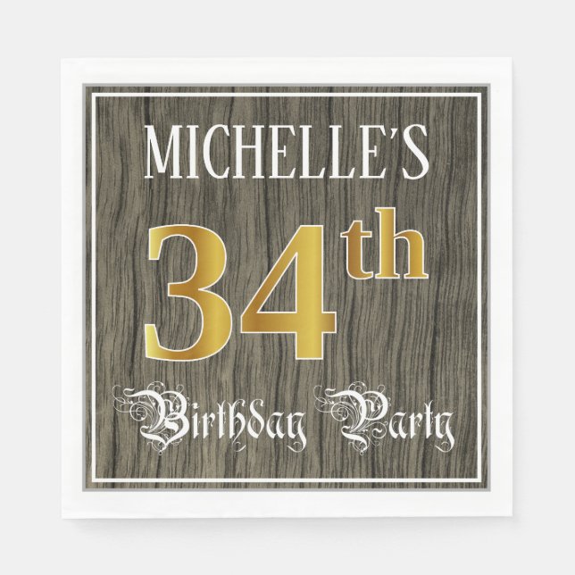 34th Birthday Party — Faux Gold & Faux Wood Looks Napkins (Front)