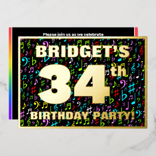34th Birthday Party — Fun, Colorful Music Symbols Foil Invitation