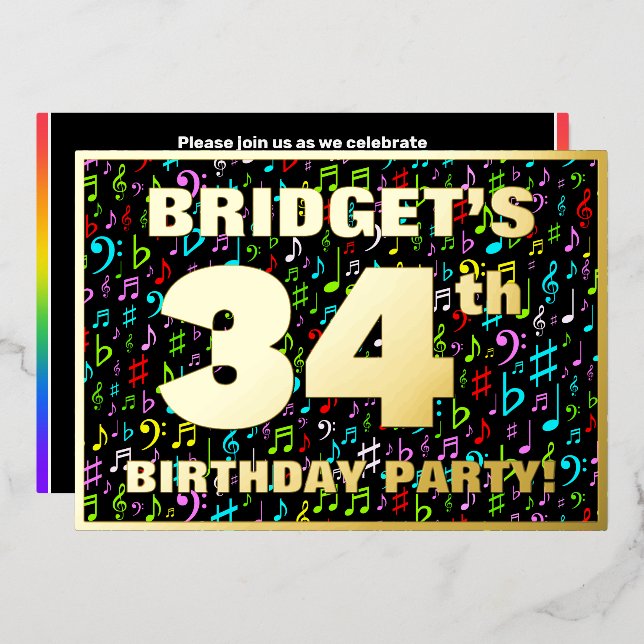 34th Birthday Party — Fun, Colorful Music Symbols Foil Invitation (Front/Back)