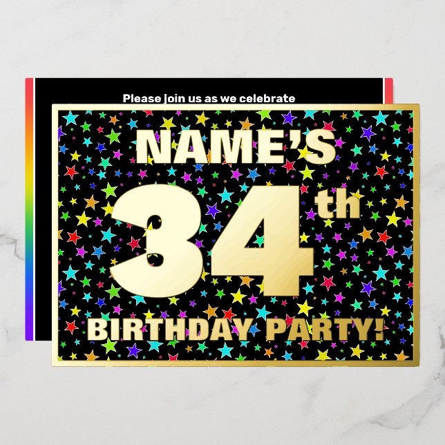 34th Birthday Party — Fun, Colorful Stars Pattern Foil Invitation (Front/Back)