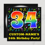 [ Thumbnail: 34th Birthday Party: Fun Music Symbols, Rainbow 34 Invitation ]