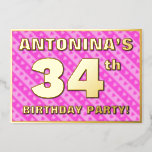 [ Thumbnail: 34th Birthday Party — Fun Pink Hearts and Stripes Invitation ]