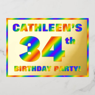 34th Birthday Party — Fun, Rainbow Spectrum “34” Foil Invitation