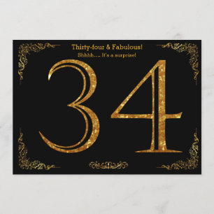 34th Birthday party,Gatsby styl,black gold glitter Invitation