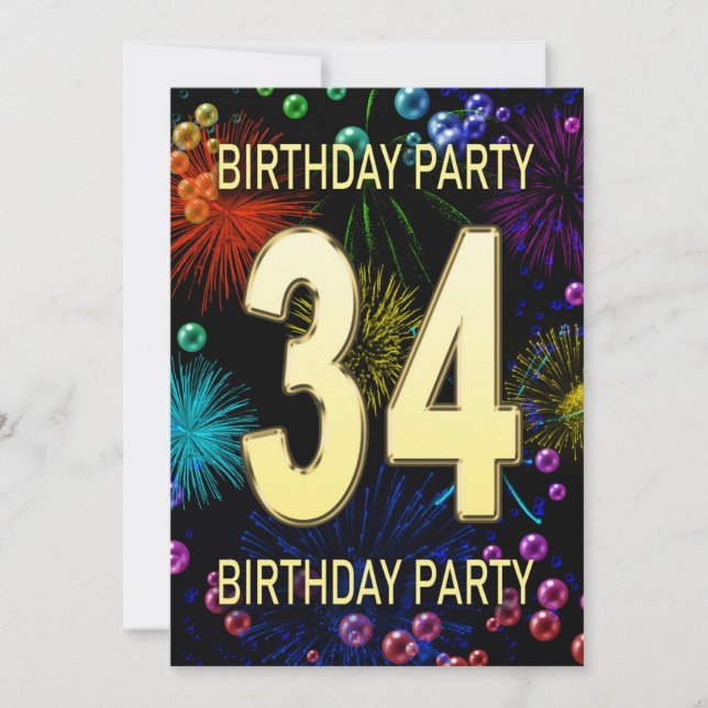 34th Birthday Party Invitation Fireworks Bubbles (Front)