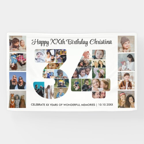 34th Birthday Party Number 34 Photo Collage Banner