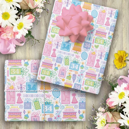 34th Birthday Pastel Pink Cake Presents Balloons Wrapping Paper Sheets