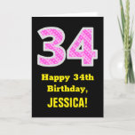 [ Thumbnail: 34th Birthday: Pink Stripes and Hearts "34" + Name Card ]
