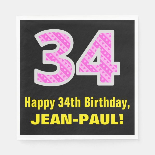 34th Birthday: Pink Stripes and Hearts "34" + Name Napkins (Front)