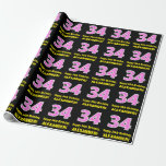 [ Thumbnail: 34th Birthday: Pink Stripes and Hearts "34" + Name Wrapping Paper ]