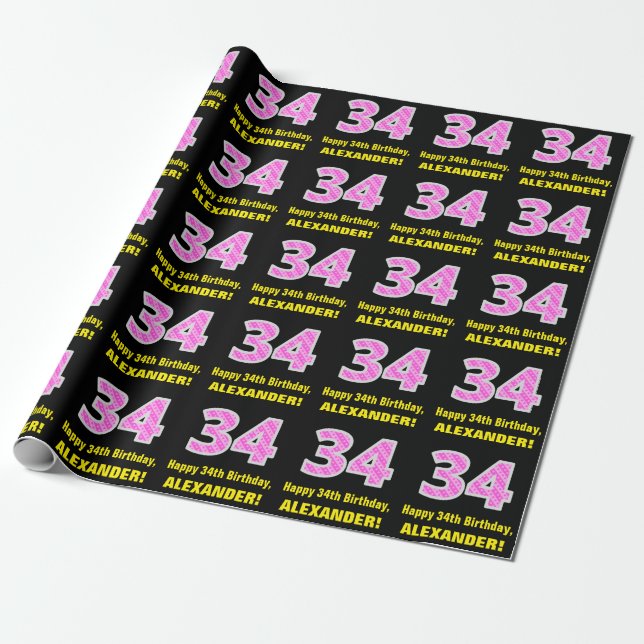 34th Birthday: Pink Stripes and Hearts "34" + Name Wrapping Paper (Unrolled)