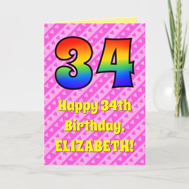 34th Birthday: Pink Stripes & Hearts, Rainbow # 34 Card (Front)