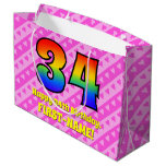 [ Thumbnail: 34th Birthday: Pink Stripes & Hearts, Rainbow # 34 Gift Bag ]