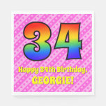 [ Thumbnail: 34th Birthday: Pink Stripes & Hearts, Rainbow # 34 Napkins ]