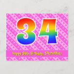 [ Thumbnail: 34th Birthday: Pink Stripes & Hearts, Rainbow 34 Postcard ]
