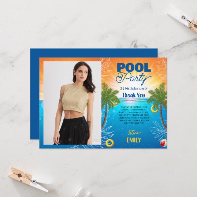 34th birthday pool party thank you card (Front/Back In Situ)