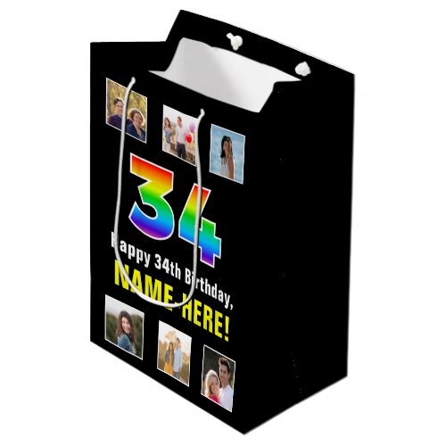 34th Birthday Rainbow 34 Custom Photos  Name Medium Gift Bag
