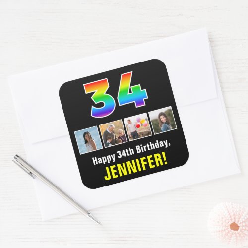 34th Birthday Rainbow 34 Custom Photos  Name Square Sticker