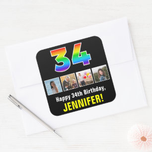 34th Birthday: Rainbow “34”; Custom Photos & Name Square Sticker