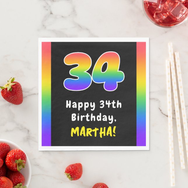 34th Birthday: Rainbow Spectrum # 34, Custom Name Napkins (Insitu)