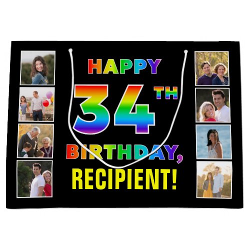 34th Birthday Rainbow Text Custom Photos  Name Large Gift Bag