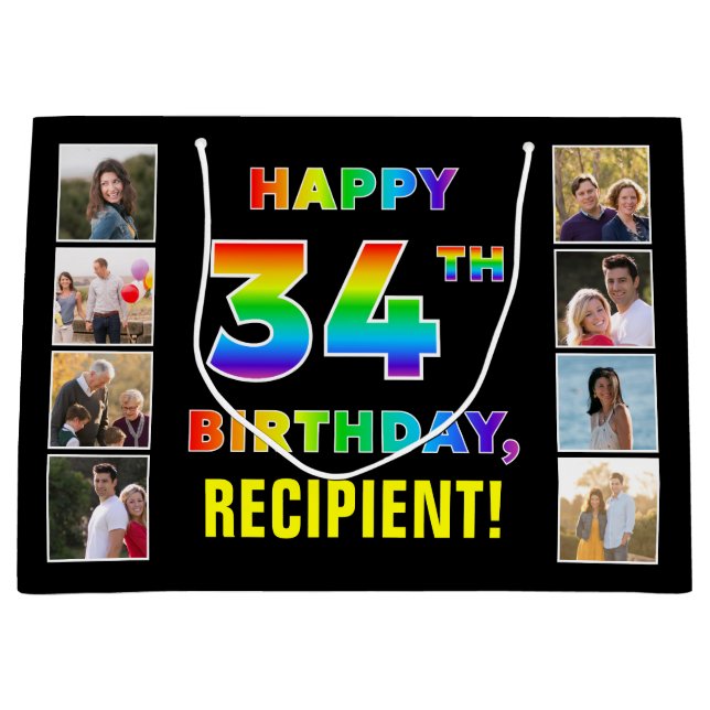 34th Birthday: Rainbow Text, Custom Photos & Name Large Gift Bag (Front)