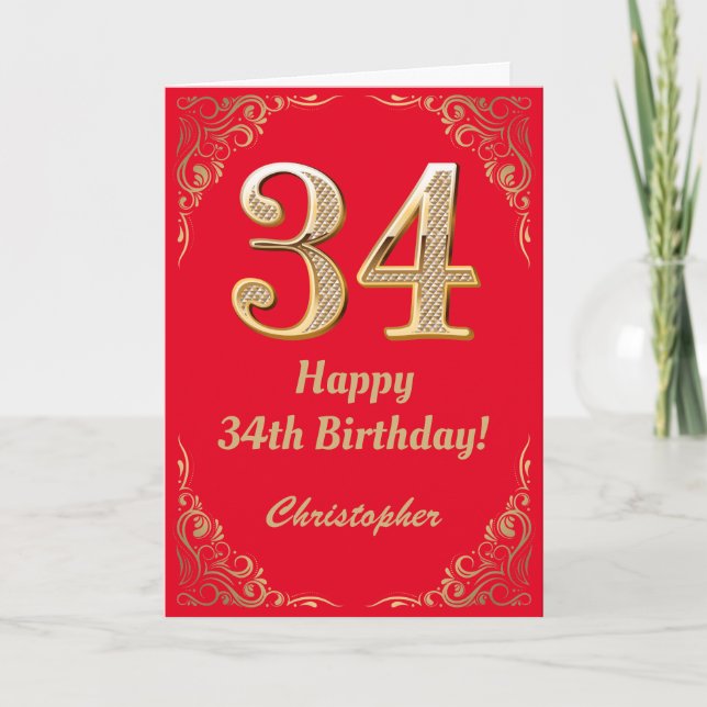 34th Birthday Red and Gold Glitter Frame Card (Front)