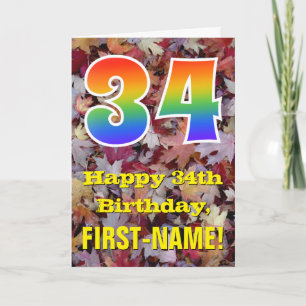 34th Birthday; Rustic Autumn Leaves; Rainbow "34" Card