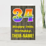 [ Thumbnail: 34th Birthday: Rustic Faux Wood Look, Rainbow "34" Card ]