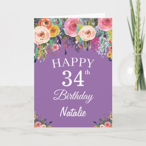 34th Birthday Watercolor Floral Flowers Purple Card