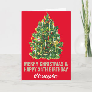 34th Happy Birthday and Merry Christmas Red & Gold Card