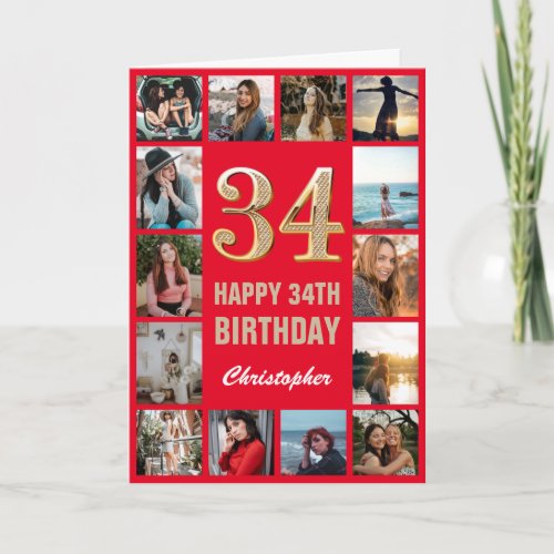 34th Happy Birthday Red and Gold Photo Collage Card